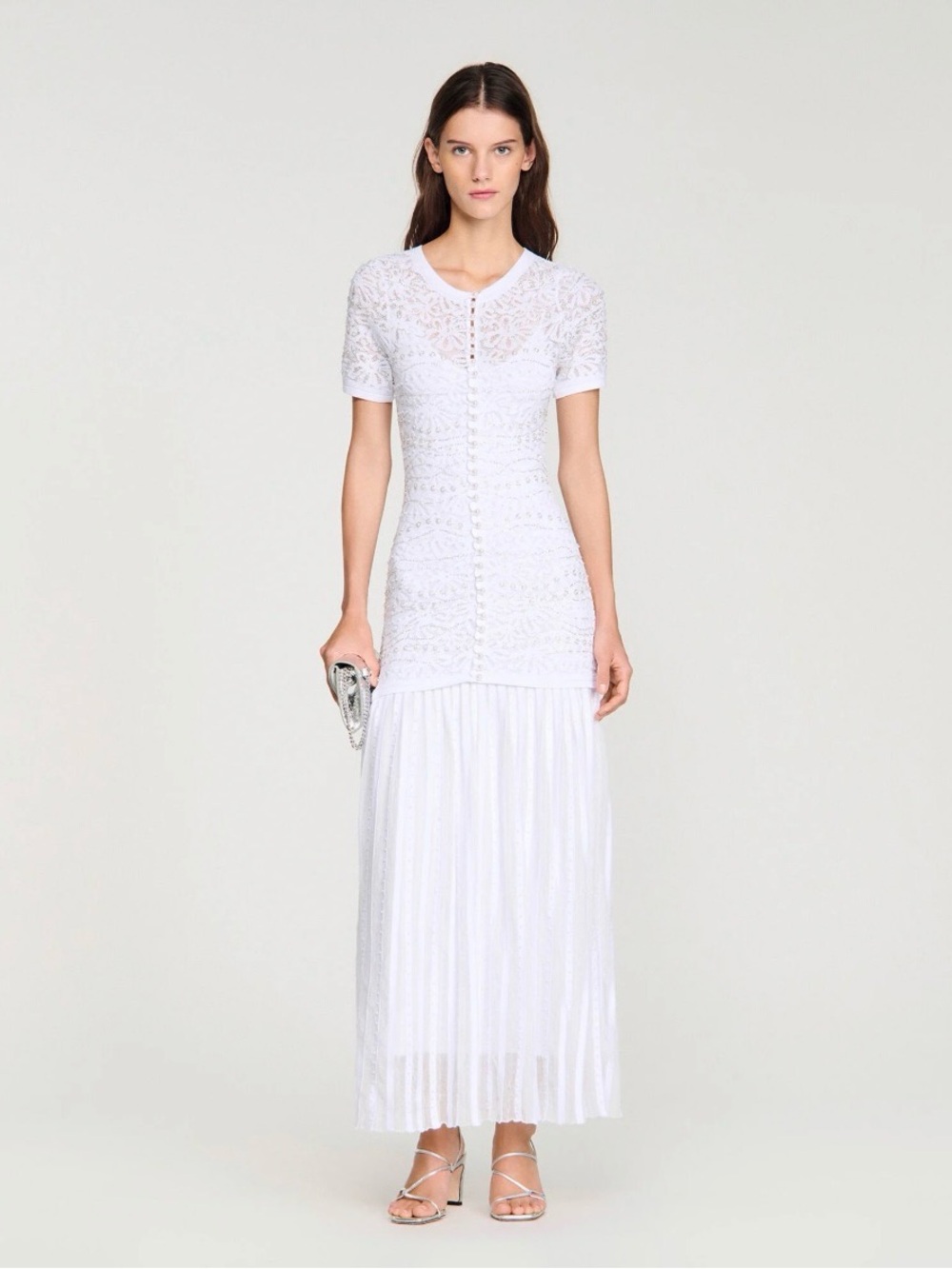 Sandro Beaded Knit Maxi Dress - Short Sleeve White Lace